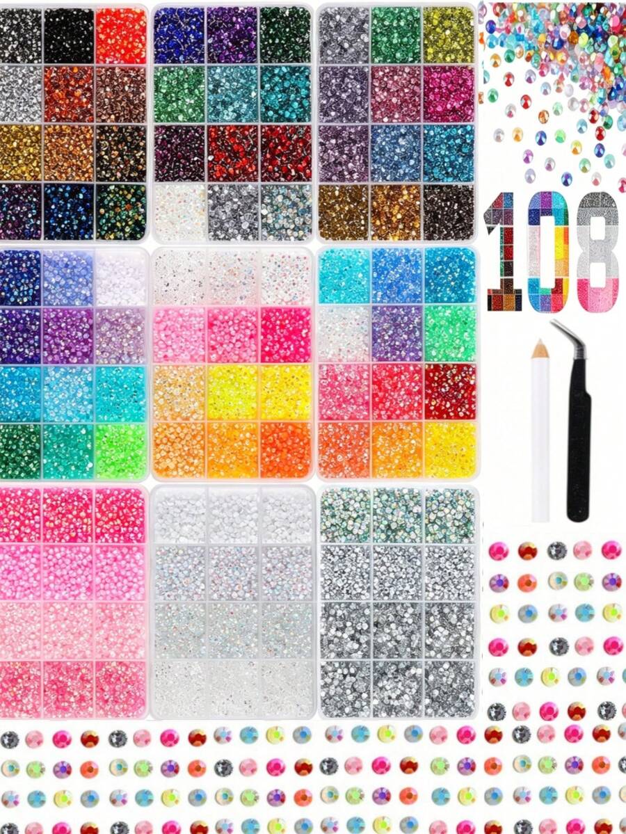 9 Boxes Multi-Color Resin Rhinestone Nail Decorations 3MM Flat Sparkling Stones With Tweezers And Wax Pencil, Suitable For DIY Nail Art, Handicrafts, Phone Case Decoration, Etc. - Multicolor - View 1