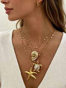 3/1 pieza Collar colgante de acero inoxidable estilo vacaciones costeras para mujer con diseño de vida marina, adecuado para uso diario, vacaciones en la playa o fiesta junto al mar - Amarillo Oro - Ver 3