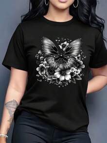 Soft 100% Cotton T-Shirt. A Casual Short-Sleeved, Crew-Neck T-Shirt With A Floral Print, Perfect For Spring And Summer, And Ideal As A Birthday Or Holiday Gift For Women. Breathable Cotton T-Shirt That Goes With Everything. - 黑色 - 查看 3