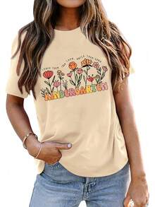 Camisadejardíndeinfantesparamujer, diseño de flores, para profesores, vida preescolar, playera casual de manga corta - Albaricoque - Ver 2