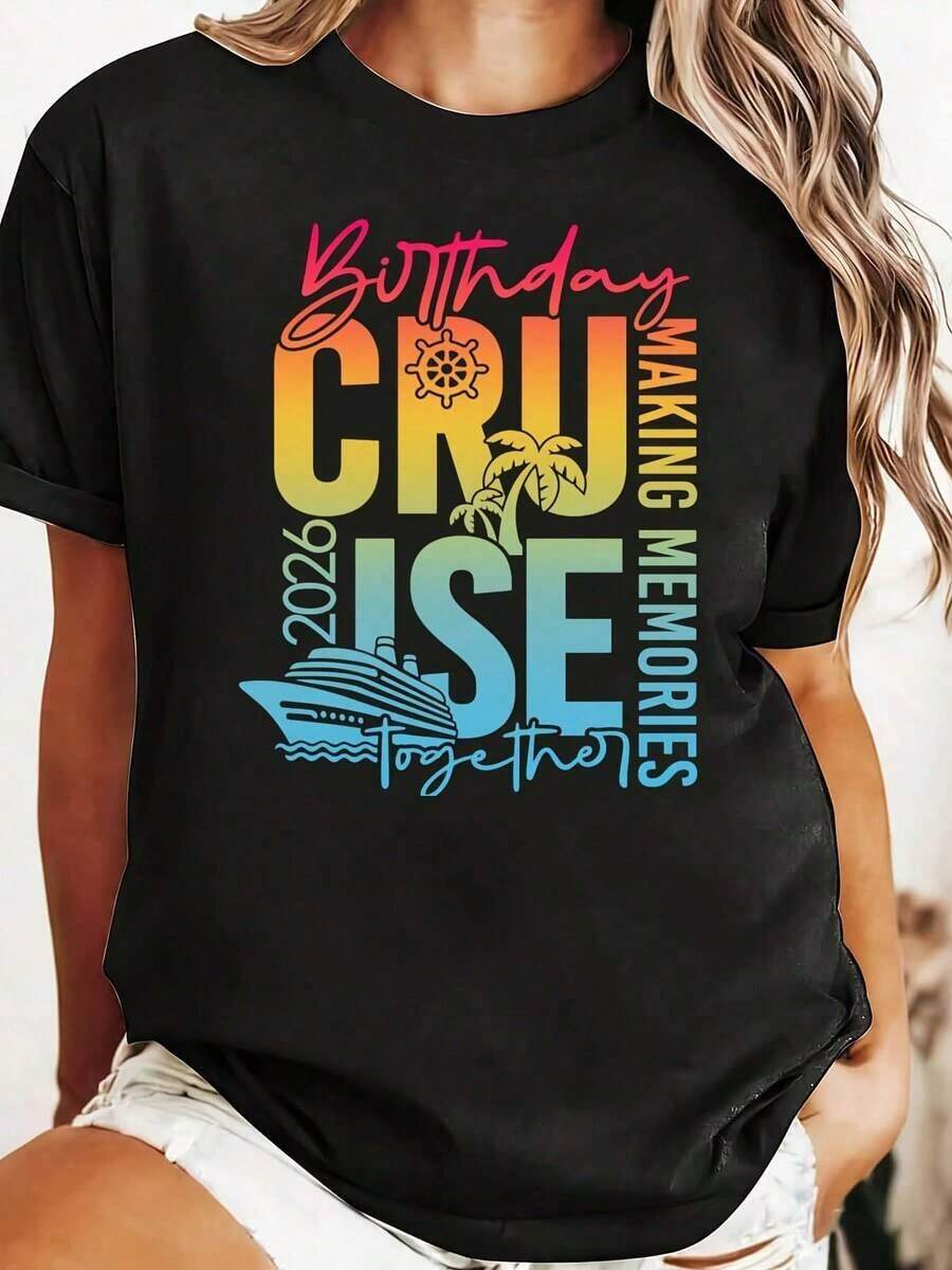 Cruise 2026 Birthday T-Shirt: Making Memories Together With Ship, Palm Tree And Compass Design For Holiday Celebration - Black - View 1