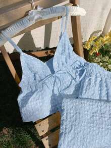 casual de 2 piezas de mujer con rayas tejidas, para primavera/verano - Celeste - Ver 7