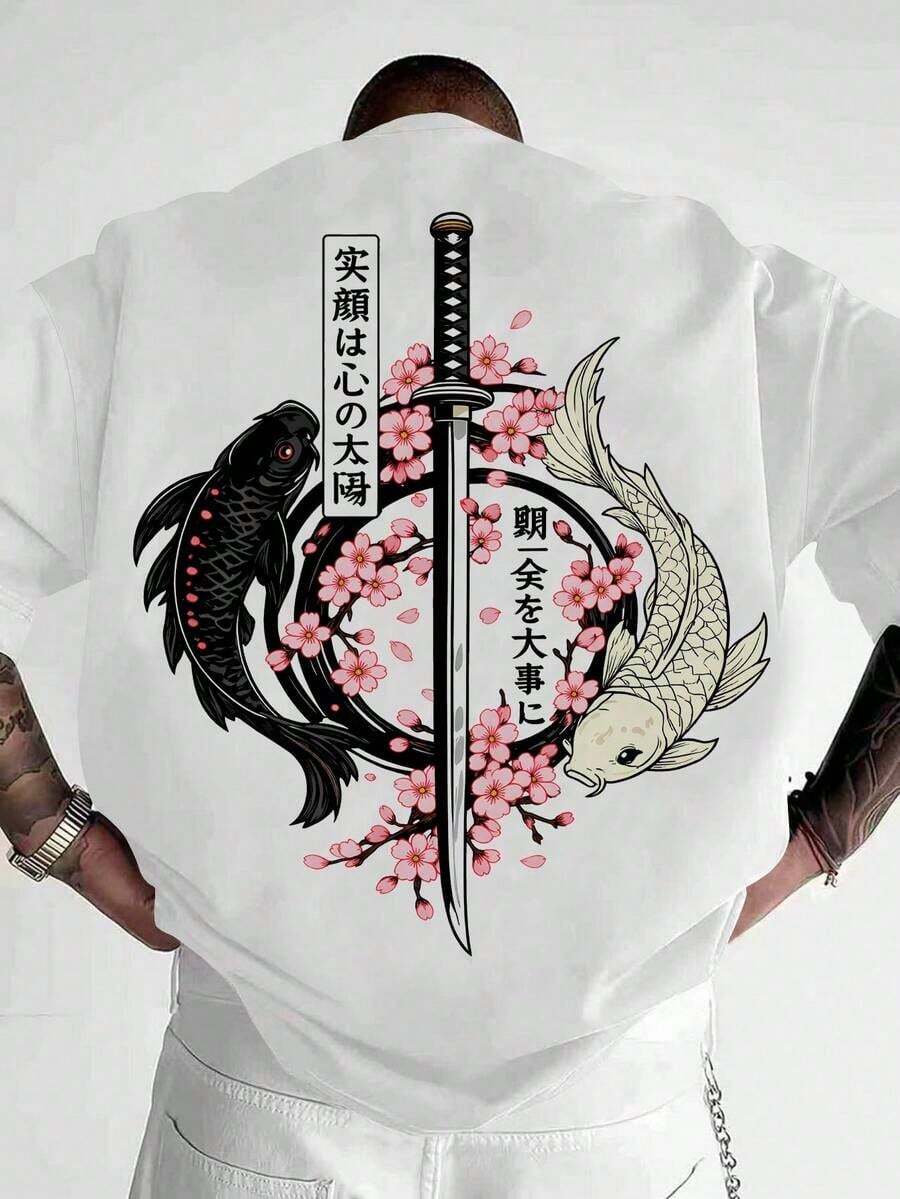 Camisa casual de manga corta y cuello redondo para hombre Manfinity Dauomo con estampado de letras y peces. - Blanco 1 - Ver 1