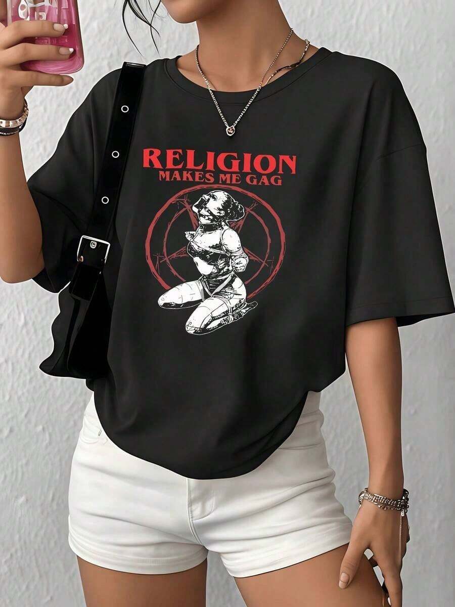 Women's Casual Vintage Urban Style T-Shirt, UniOccult, 220g, Gothic Theme, 100% Cotton, 1 Piece, Abstract Graphic Print, Alternative Style, 100% Breathable Cotton - 黑色 - 查看 1