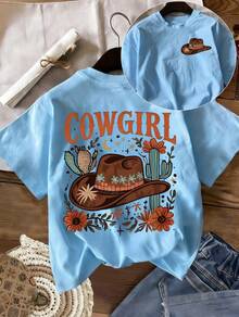 Camiseta de mujer, de algodón puro, de manga corta, con estampado de sombrero de vaquero del oeste, elegante y hermosa, de alta calidad, a la moda, suave y cómoda, con diseño de estilo retro americano, adecuada para uso diario, celebraciones y fiestas, o como regalo para las fiestas, una blusa casual holgada y única. - Verde - Ver 11