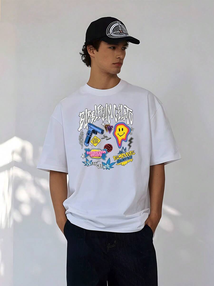 Oversized Black T-Shirt With Bubblegum Ice Cream Face Designs, Guns, Diamonds, And Basketballs, Perfect For Casual Wear, Everyday Outfits, Party Wear, Or As A Holiday Gift. - 白色的 - 查看 1