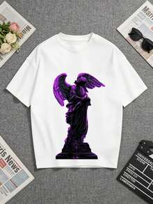 Camiseta blanca, con un impresionante estampado de una estatua de ángel. Perfecto para entusiastas de la moda que buscan un estilo único. Una camiseta de manga corta adecuada para el hogar, el uso diario, fiestas y viajes-ideal como regalo para amigos o familiares. - Blanco - Ver 5