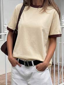 GLAMSKIN 女款夏秋基本款條紋圓領寬鬆短袖T恤，純色極簡休閒上衣，適合返校、外出、街頭穿搭、通勤上班 - 淺黃色 - 查看 4