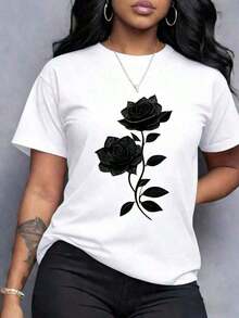 Camiseta con Estampado de Rosa Negra - 100% Algodón, Manga Corta, Cuello Redondo |   Estilo cómodo e informal adecuado para todas las estaciones, lavable a máquina, diseño floral elegante ideal para el día a día y ocasiones especiales, atuendo para el Día de la Madre, envío gratis. - Blanco - Ver 7