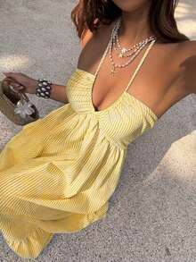 Pink Digital Print Fitted Waist Vacation Style Deep V-Neck Halter Backless Tie Dress - 黃色 - 查看 7