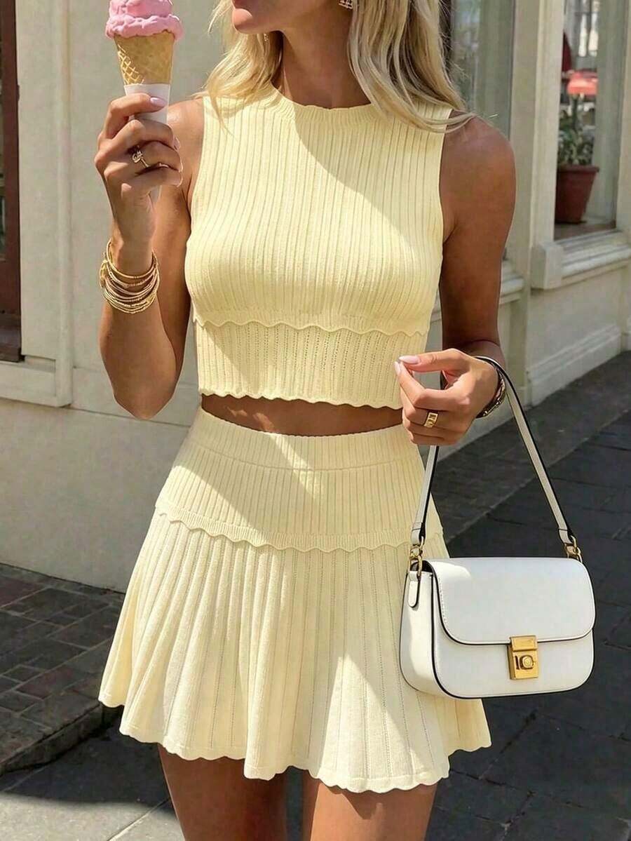 Set de 2 suéteres de punto acanalado sin mangas de cuello redondo de unicolor, versátil - Amarillo - Ver 1