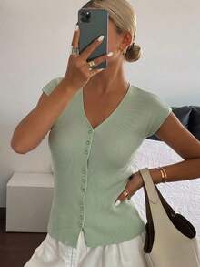 Cárdigan casual de verano para mujer, de unicolor, ajustado, de cuello en V, elástico y delgado - verde menta - Ver 7