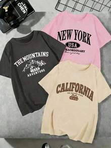 1 piezas Camiseta de mujer de manga corta, cuello redondo, estilo casual y suelto con diseño lindo, para uso diario y vacaciones en verano - Albaricoque - Ver 6