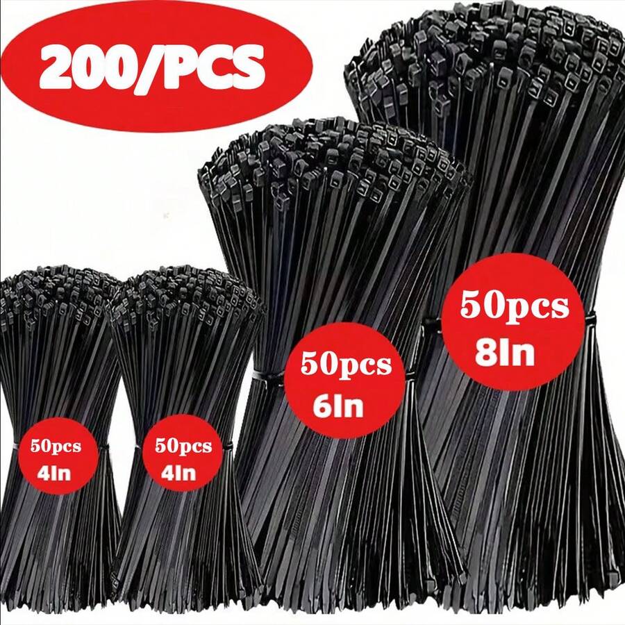 200pcs Durable Nylon Cable Ties, Sizes 7.87/5.91/3.94 Inches, Self-Locking Nylon Cable Ties, Suitable For Electronic Device Organization, Home, Office, Industrial And Workshop Wiring, Home Storage, Cable Management