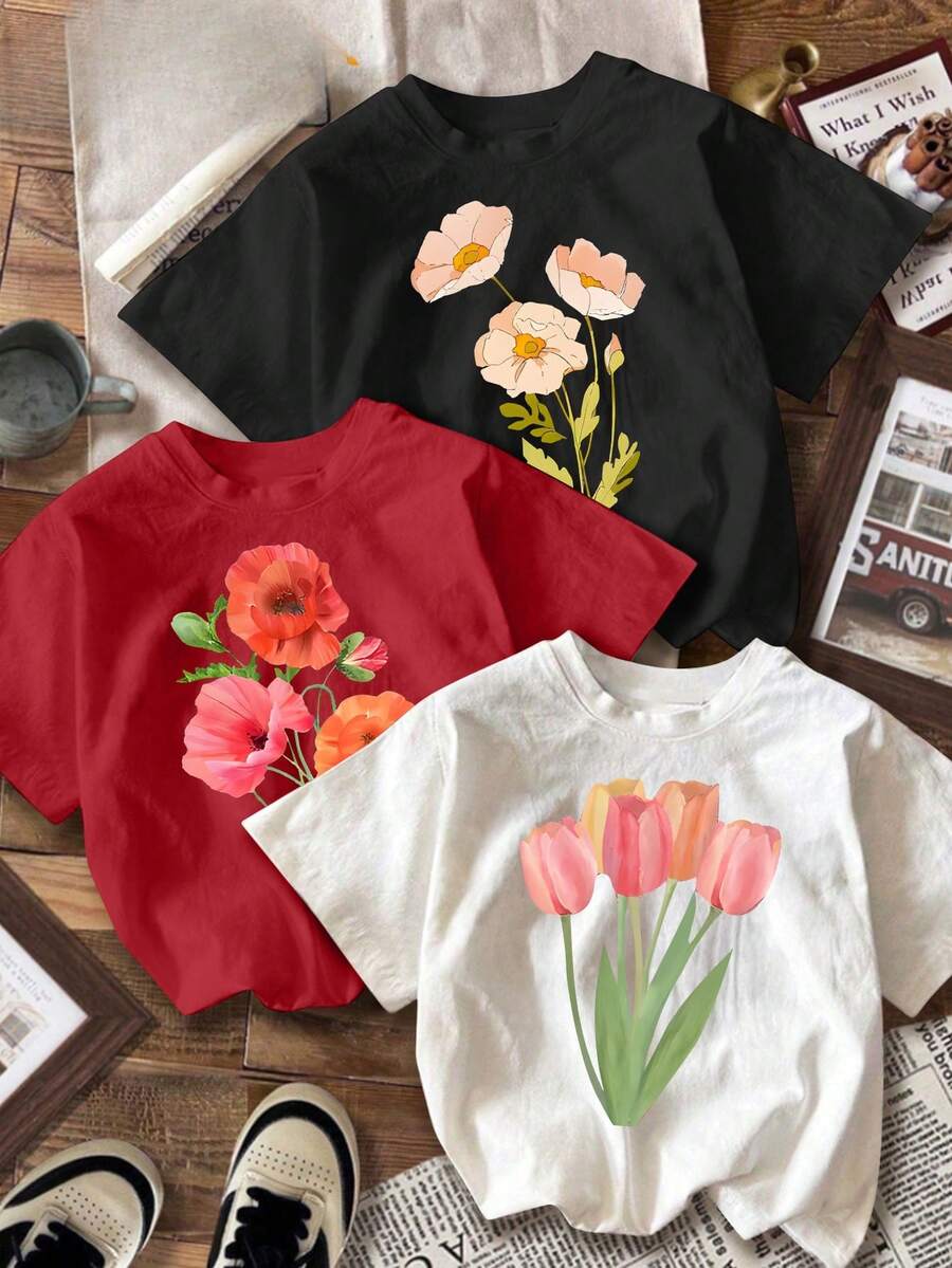 Camiseta de mujer de una pieza con estampado de tulipanes - Top suave y casual de cuello redondo con diseño de tulipanes, adecuada para uso diario, lavable a máquina, apta para todas las estaciones, ropa minimalista (versión estampada). - Negro - Ver 1