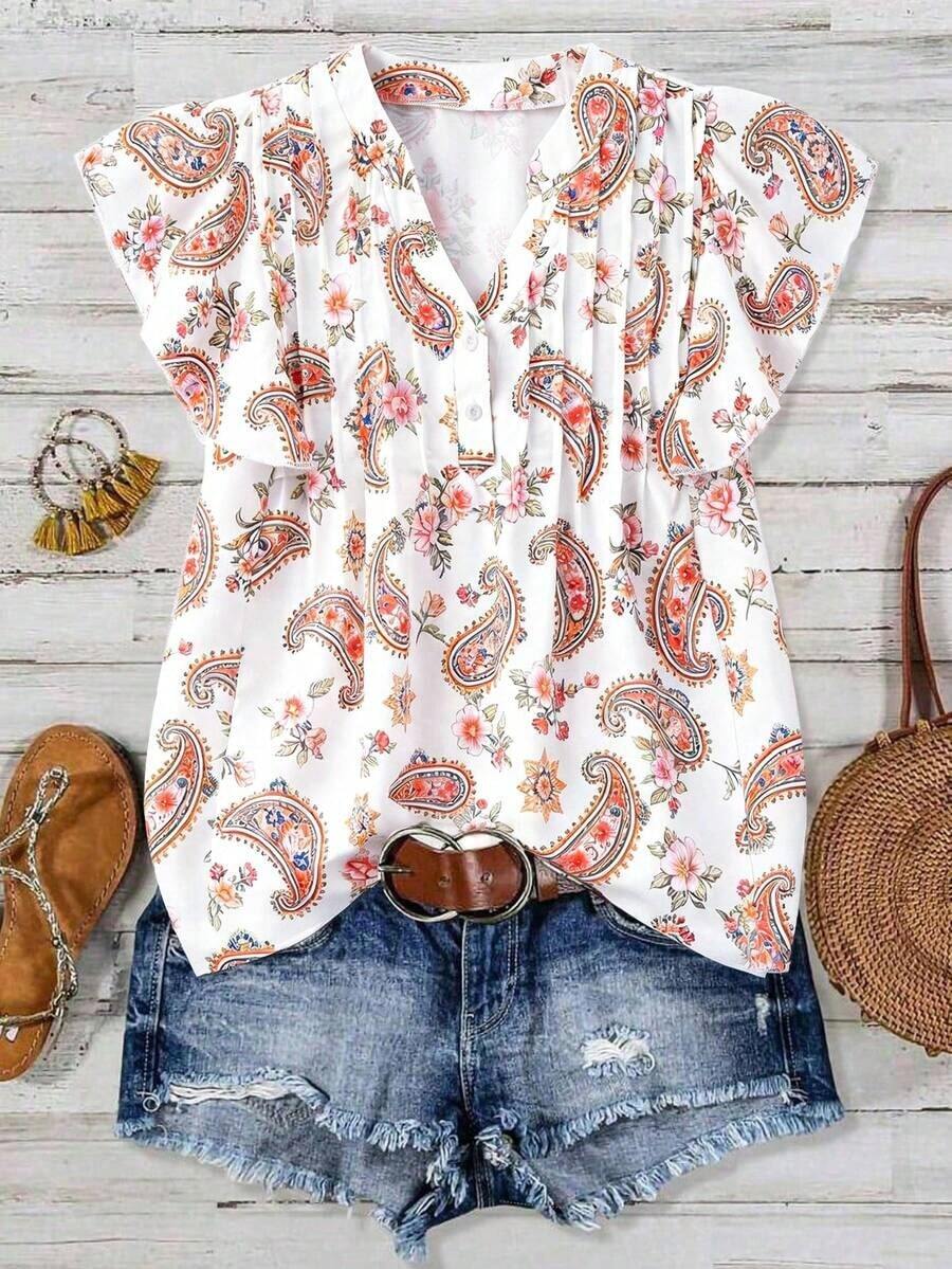 Blusa casual de mujer con estampado de cerezas, cuello plisado y mangas cortas de campana en silueta "H", para uso diario y vacaciones - Multicolor 2 - Ver 1