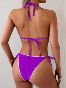 Swim Vcay - Conjunto de Bikini Triangular Sexy con Ribete de Encaje para Mujer, 2 Piezas, Conjunto de Bikini Halter con Tiras Simples para Vacaciones de Verano en la Playa - Morado - Ver 2