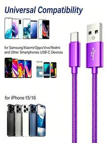 3条装 USB-C 快速充电线 [3.3/6.6英尺] USB-A 转 C 尼龙编织充电及数据同步线，兼容三星 Galaxy A14 5G、A13、A54、A53、A23、A24、A03、A23s、S22、S21 Ultra、S20、S16、S15、S15 Pro Max、S15、S15 Plus、S15 Pro、S15 Pro Max 以及其他配备 Type-C 充电器的安卓手机 - 彩色 - 查看 6