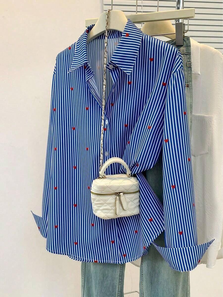 Blusa de mujer con cuello polo, estampado de corazones y rayas - Camisa casual de manga larga con botones, adecuada para uso diario en primavera, verano y otoño - rayas azul oscuro - Ver 1
