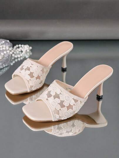 Elegant High Heel Mules With Lace Embroidery, Square Toe, Slim Stiletto Heel, Breathable Mesh, Versatile For Work, Date, Party, Banquet