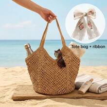2/1pc Women Crochet (Tote Bag + Ribbon) 2pcs Set, Large Capacity Hollow Woven Shopping Tote Bag, Fixed Shoulder Strap, No Lining, Suitable For Travel & Daily Use - Multicolor - View 6