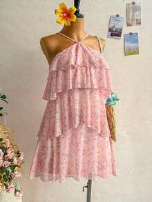 Nuevo vestido elegante y romántico para invitados de boda, de unicolor, con espalda descubierta, multicapa con volantes de gasa, minivestido, adecuado para estilo bohemio, boho, flores románticas, vacaciones, fiestas florales, citas, San Valentín, - Multicolor - Ver 5