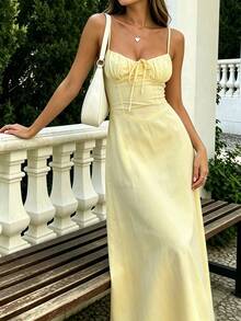 Vestido de verano casual y elegante de línea A con espalda descubierta para vacaciones para mujer - Amarillo - Ver 2