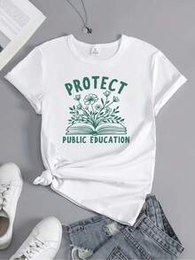 A Cute "Protect Public Education" Women's Casual Crewneck T-Shirt With A Print Featuring A Public Image, Representing The Teachers' Protest, Education Activist Movement, And Liberal Political Stance. This Summer-Popular, Breathable - 白色1 - 查看 2