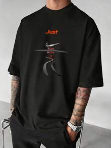 [Summer New Arrivals] Fashion Breathable Summer Comfortable Crew Neck Short Sleeve Solid Color Versatile Printed Men's T Shirt, Perfect For Daily Casual, Street Hangout, Motorcycle Riding And Outdoor Weekend Activities - 黑色 - 查看 3