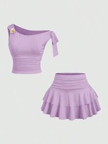 Conjunto de top de tirantes y minifalda plisada y con decoración de flores metálicas para mujer, ideal para el verano - Morado 2 - Ver 9