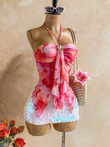 Camiseta asimétrica con decoración de conchas marinas, adecuada para vacaciones en la playa, verano - Rosa - Ver 7