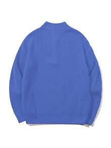 Women's Simple Ribbed Solid Color Casual Korean Textured Commute Loose Versatile Stand Collar Zipper Half-Placket Pullover Long Sleeve Sweater, Spring/Autumn/Winter - Blue - View 7