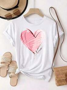 1 pieza, Paquete de Tres Camisetas de Manga Corta con Cuello Redondo para Mujer, Estilo Casual Deportivo Vintage, con Estampado de Corazones y Flores, 180g, 100% Algodón, los diseños están impresos. Unisexo. - Blanco2 - Ver 3