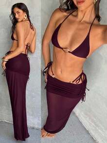 Conjunto de traje de baño de 3 piezas para mujer, sexy, elegante y romántico en colores vintage púrpura, burdeos y granate con decoración metálica, top halter de triángulo mini, Bottom tipo tanga mini y falda larga tipo pareo, conjunto de bikini de dos piezas para playa y resort de primavera/verano - Granada - Ver 8
