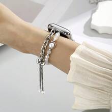 1pc Luxury Pearl Metal Chain Band, Fits All Models, Alloy Chain With Faux Pearl And Cat Eye Stone Decor, Heart Pendant And Adjustable Clasp, Delicate Texture, Scratch-Resistant, Suitable For Luxury Lovers, Elegant Ladies, Office Workers, Smartwatch Users - Multicolor - View 2