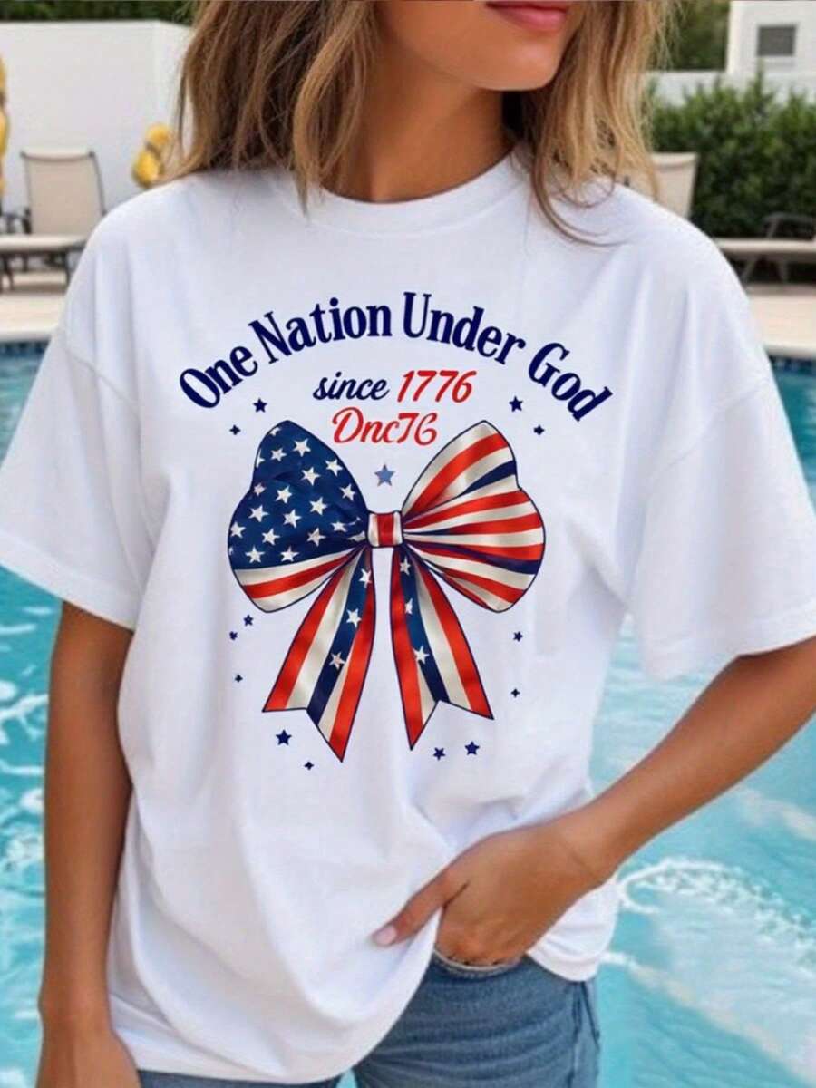 Camiseta de bandera americanatriótica blanca de las mujeres - una nación bo Dios desde 1776 con 50 estrellas y diseño de arco, camiseta de cuello tulado de manga corta transpirable, top casual de uste suelto para el 4 de julio, tres del Día de la Independencia y ropa con tema estadounidense
