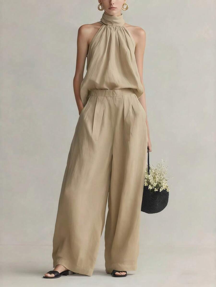 Conjunto de 2 piezas nuevo de primavera-verano para mujer, elegante, blusa sin mangas de cuello redondo, pantalón de vestir, diseño favorecedor, perfecto para oficina y looks sofisticados - Caqui - Ver 1