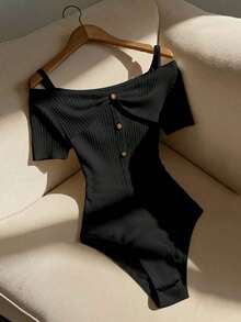 Body de Mujer Casual para Uso Diario, Minimalista, de Color Sólido, con Hombros Descubiertos y Textura Acanalada, para Verano - Negro - Ver 7