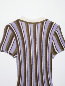 Đầm ngắn dệt kim cổ bẻ kẻ sọc kiểu vintage dành cho nữ, cổ chữ V, dáng chữ A ôm sát, thích hợp cho mùa xuân/hè. - Nhiều màu - Xem 7