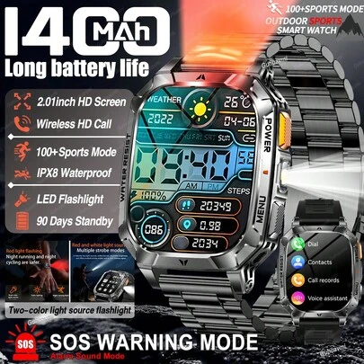  GUHUAVMI 2026 Nuevo reloj inteligente deportivo resistente para hombres, batería ultra grande de 1400mAh, 90 días de espera, con linterna LED potente, pantalla táctil HD de 2.01 pulgadas, resistente al agua IPX8, llamada Bluetooth, asistente de voz, función de recordatorio, talla grande de 100 modos deportivos, rastreador de fitness, reloj inteligente deportivo para hombres, compatible con iPhone y Android, ideal para senderismo, camping, ciclismo y compañía al aire libre.