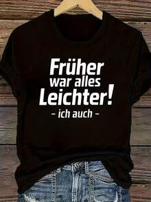 Camiseta de algodón de manga corta para mujer con estampado de texto en alemán "Früher War Alles Leichter", camiseta de cuello redondo de manga corta para mujer, adecuada para primavera/verano, tela ligera y transpirable, camiseta casual a la moda. |   Tela Elástica - Negro - Ver 6