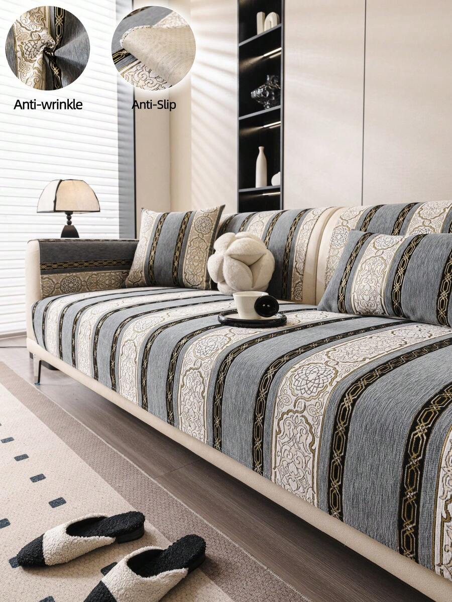 1 pieza Cojín de sofá de estilo europeo de chenilla con jacquard de alta precisión, funda de sofá, lujo europeo, textura premium, sofá decorativo, protección de sofá, resistente a arañazos de gatos, amigable con mascotas, moda para el hogar, todas las estaciones, adecuado para sofá de una a cuatro personas, bohemio, dormitorio, sala de estar, estudio, oficina, coche, exterior, club, fiesta, funda de sofá - Gris - Ver 1
