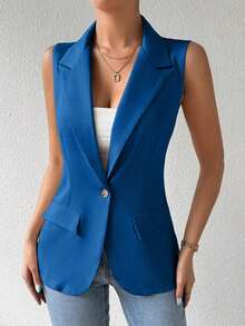 Blazer sin mangas de estilo elegante de color verde oliva para mujer, chaleco casual con solapa y botón en tela tejida lisa, corte regular - Azul 2 - Ver 4