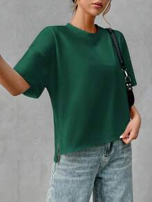 Camiseta holgada de estilo minimalista casual para mujer, con parte delantera corta y parte trasera larga, versátil para usar en la calle, adecuada para primavera y verano - Verde Oscuro - Ver 5