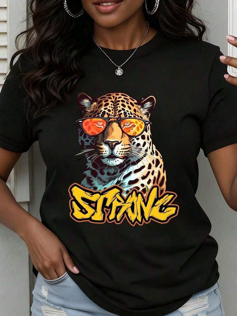 Camiseta de Cuello Redondo para Mujer con Estampado de Leopardo, Gafas de Sol y Texto Fuerte, Manga Corta, Ropa Casual de Verano - Negro - Ver 1