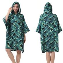 1 pieza Nuevo Modelo de Primavera/Verano Bata Ligera, Poncho con Capucha de Estampado Tropical de Palmas, No Adherente, Diseño Unisex, Adecuado para Aguas Termales, Playa, Vacaciones, Uso Cómodo - Las hojas de color verde oscuro se pueden usar como manta. - Ver 7