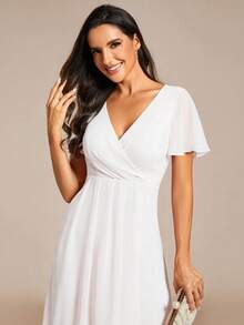 EVERPRETTY 优雅褶皱伴娘礼服，正式晚礼服，V领不对称下摆伴娘礼服 - 白色 - 查看 3