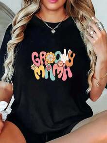 1pc camiseta blanco y estampada groovy mama impresión de alta calidad cuello redondo ajuste holgado casual diario unisex transpirable versátil lavable a máquina cómoda tallas SXXL ideal para uso diario casual deportivo todas las estaciones regalo para mamá estilo retro. Adecuado para primavera, verano y otoño. - Negro - Ver 7
