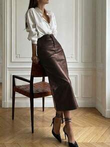 Falda lápiz midi de cintura alta, elegante, de cuero vintage, para uso diario y de negocios, de corte ajustado, color negro, para primavera - Marrón - Ver 9