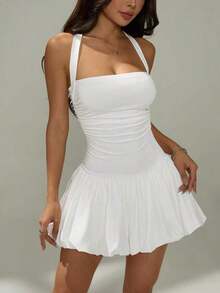 Vestido informal corto de unicolor con cuello de lazo y espalda descubierta para mujer - Blanco - Ver 6